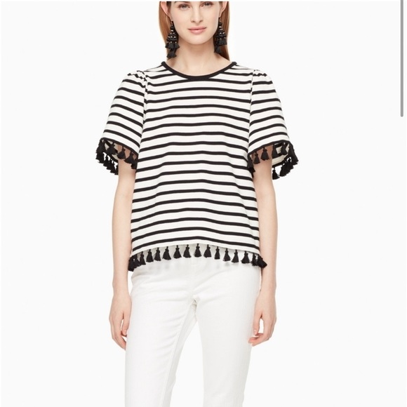 Kate Spade Black and Off White Stripe Flutter Sleeve Tassel Top - Picture 1 of 9